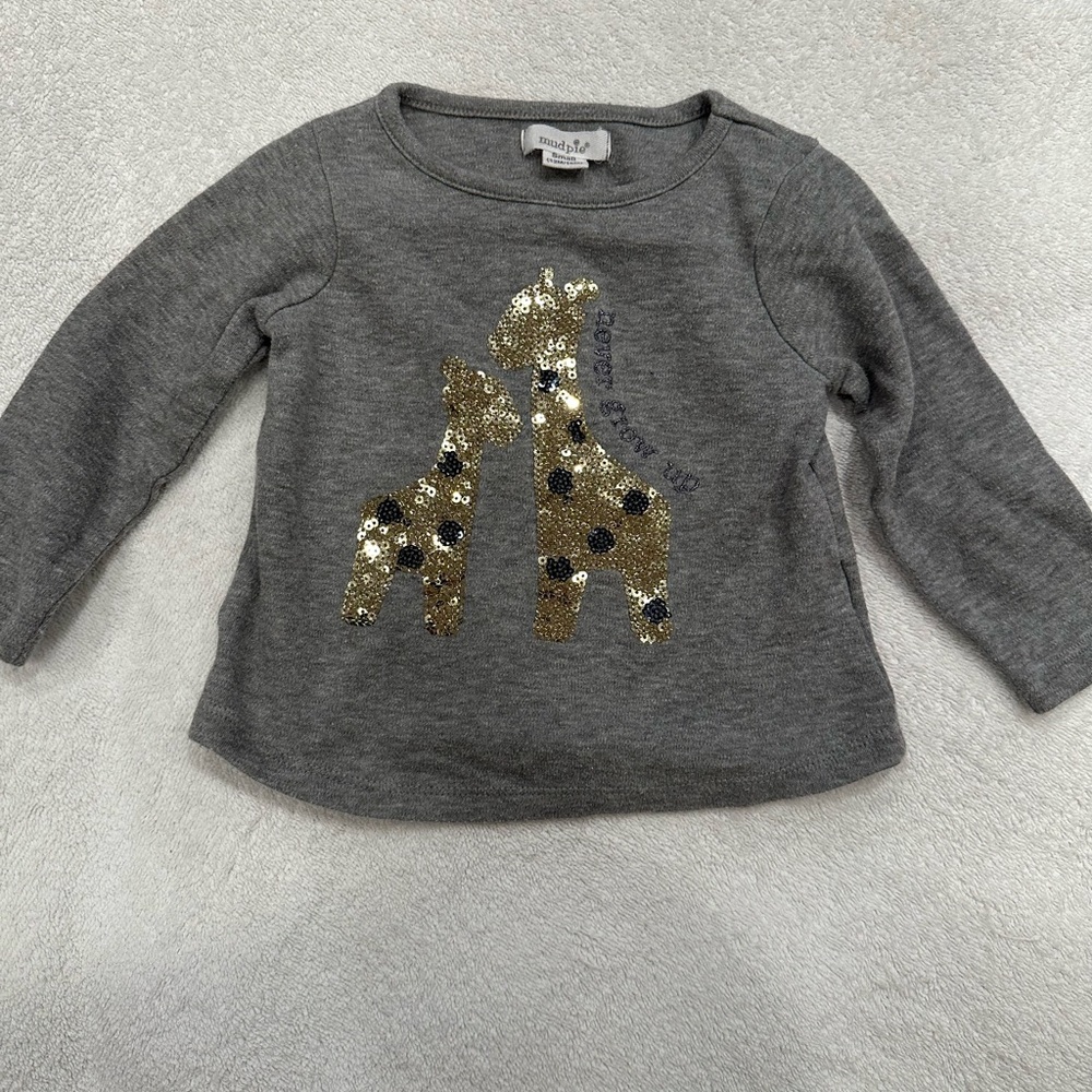 Mudpie Gray Long Sleeve with Gold Sequin Giraffes, 12-18m